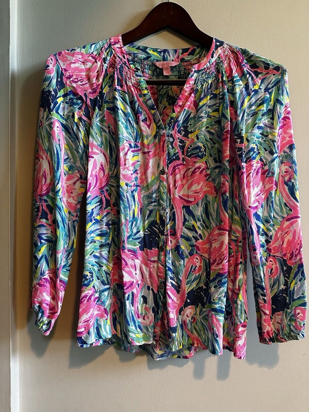 Lilly Pulitzer Top Button Front Elsa in Flamenco Beach Flamingo Print Size XS